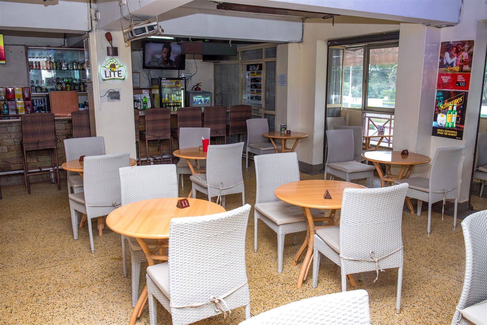 Restaurant seating area with dressed tables
